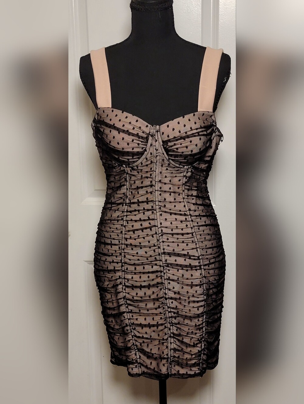 Haute Monde Polka Dot Mesh Bodycon Mini Dress Women’s Medium Black Nude NWT - Picture 2 of 3